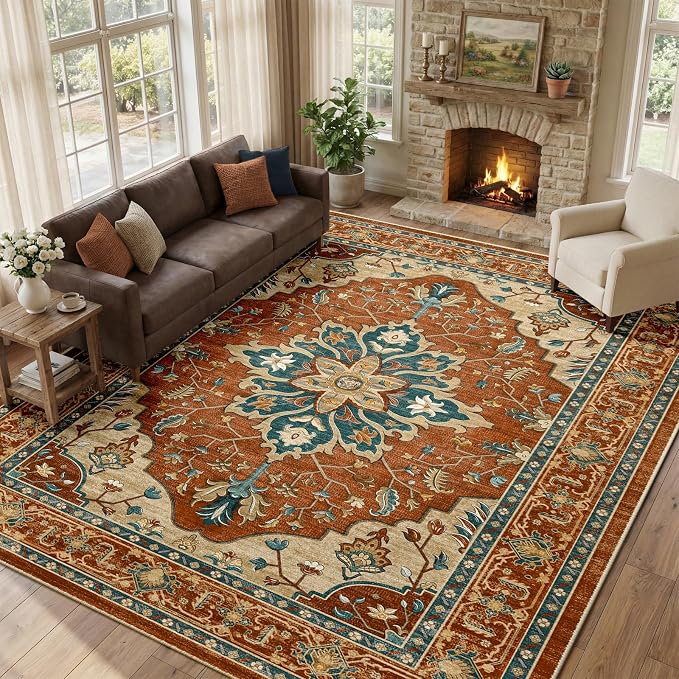 RELEANY Area Rugs 9'x12' Washable Non-Slip, Floral Vintage Distress Print - Image 3