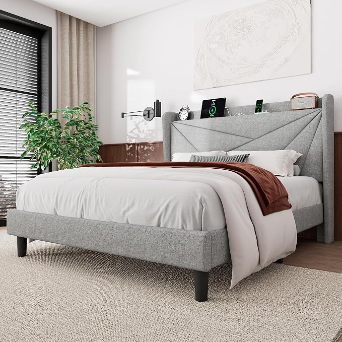 Feonase Queen Bed Frame with Charging Station, Linen Upholstered Platform - Image 8