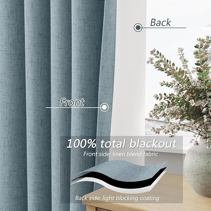 Guken Blue 100% Blackout Linen Curtains 120 Inch Length 2 Panels Set - Image 3