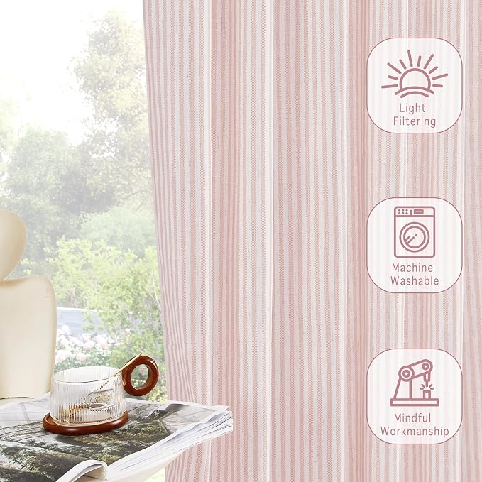 RYB HOME Linen Cafe Curtains 24 inch Length, Kitchen Farmhouse Striped Tier - Image 4