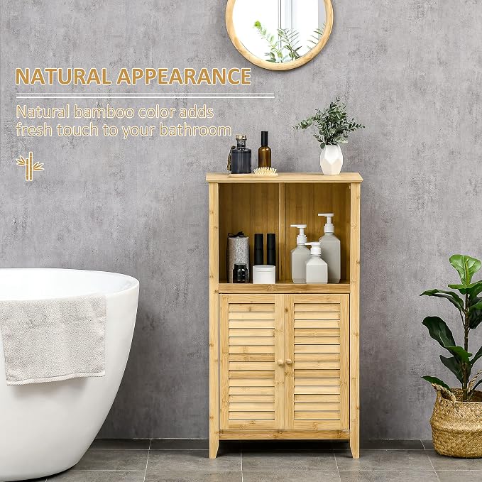 HOMCOM Bamboo Floor Cabinet Bathroom Floor Cabinet Living Room Organizer Tower - Image 4