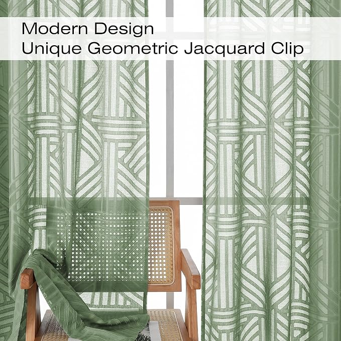 Simplebrand Sage Green Semi Sheer Curtains 54 Inch Length 2 Panels, Geometric - Image 3