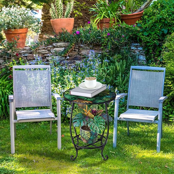Cinnvoice Outdoor Side Table Round Small Mosaic Patio Accent Indoor End Plant - Image 7