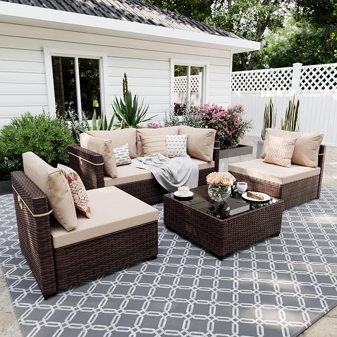 UPHA 5 Pieces Patio Furniture Sets, Wicker Outdoor Sectional Sofa Couch by UPHA