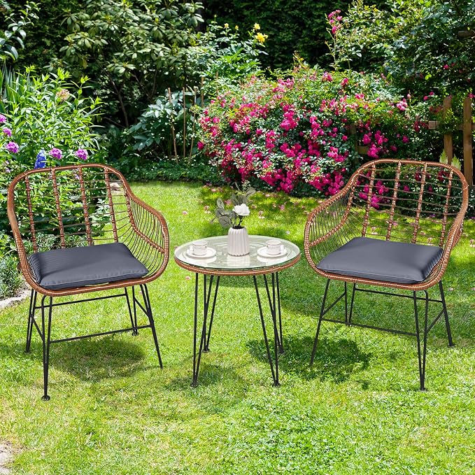 Tangkula 3 Pieces Patio Conversation Bistro Set, Outdoor Wicker Furniture - Image 4