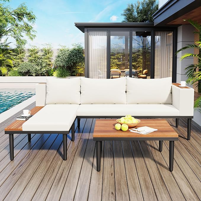 VilroCaz Luxury Outdoor Patio Furniture Set, L-Shaped Acacia Wood Sectional Sofa - Image 2