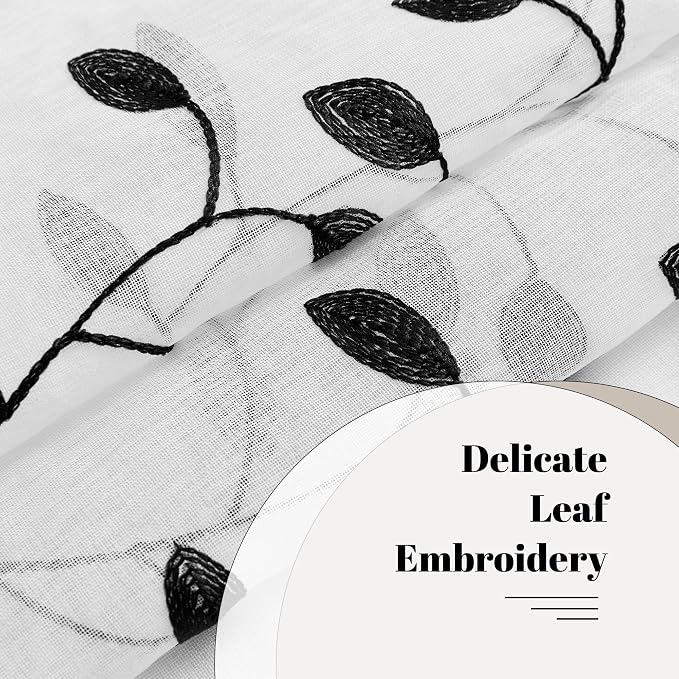 MRTREES Sheer Curtain Valance 2 Panels, Rod Pocket Voile Leaves Embroidered - Image 4