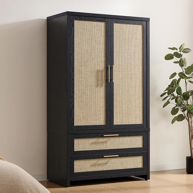 SICOTAS Rattan Armoire Wardrobe Closet Cabinet, 2 Drawers and Hanging Rod by SICOTAS