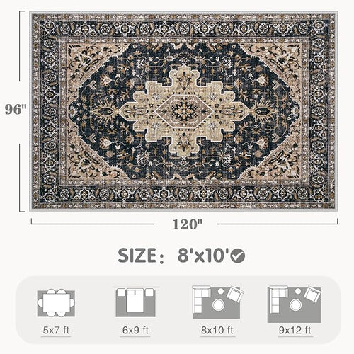 Area Rug 8x10 Vintage Rugs: Large Washable Living Room Rug Retro Medallion - Image 2