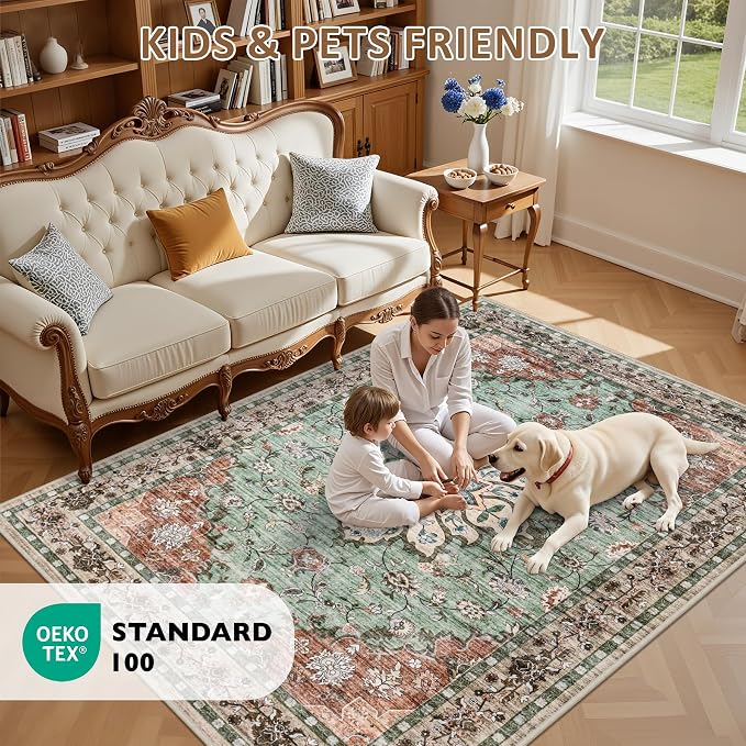 6x9 Area Rugs Living Room Rug: Washable Vintage Distressed Floral Rug No Slip - Image 9