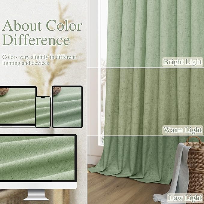 Guken Light Sage 100% Blackout Linen Curtains 72 Inch Length 2 Panels Set - Image 7
