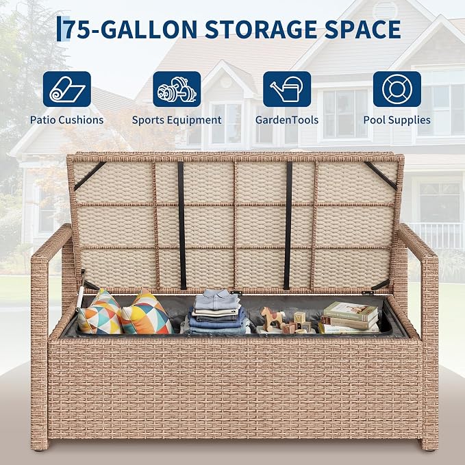 Outdoor Storage Bench with Cushion, Hand-Woven Yellow Wicker Deck Box with - Image 4