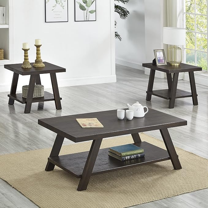 Roundhill Furniture Athens Contemporary 3-Piece Wood Shelf Coffee Table Set by RoundhillFurniture