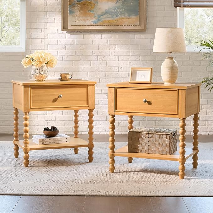 AMERLIFE 24" Wood Nightstand Set of 2, Vintage Bedside Table by AMERLIFE