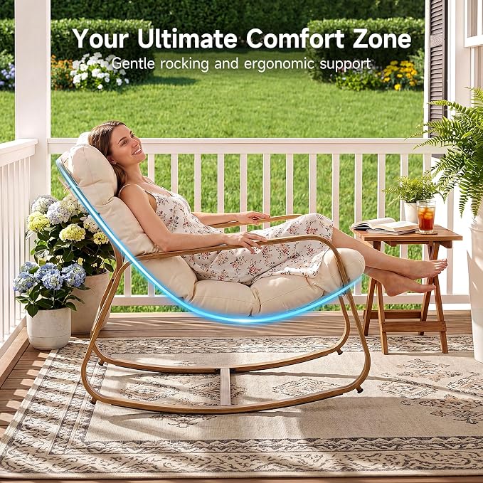 ONBRILL Rocking Chair with Thick Cushion Outdoor Indoor, Premium Iron Wood - Image 3