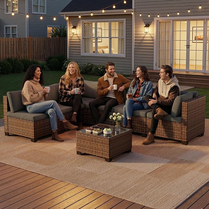 Qsun 7 Pieces Patio Furniture Set, Outdoor Sectional Rattan Sofa Set, Wicker - Image 6