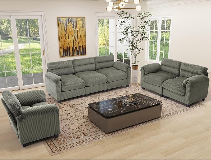 HAOMARKETS Corduroy Sofa Set, Upholstered Armchair, and 3-Seater Couch by HAOMARKETS