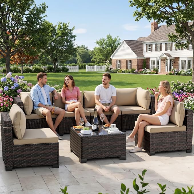 CHABATREE 7pcs Outdoor Patio Furniture Sets, Rattan Conversation Sectional Set - Image 7