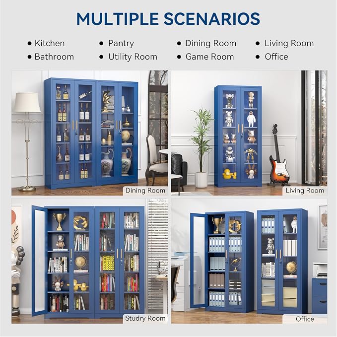 Polup Curio Cabinets with Glass Doors, Tall Bookcase with Adjustable Shelves - Image 9