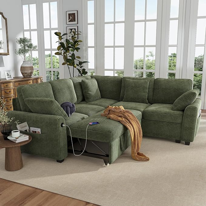 Hanherry Sectional Couch with Pull Out Sofa Bed, Corduroy Sleeper Sofa with 2 - Image 8