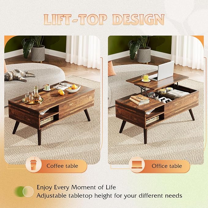 WLIVE Coffee Table with Lifting Top, Hidden Storage & Adjustable Shelf - Image 4