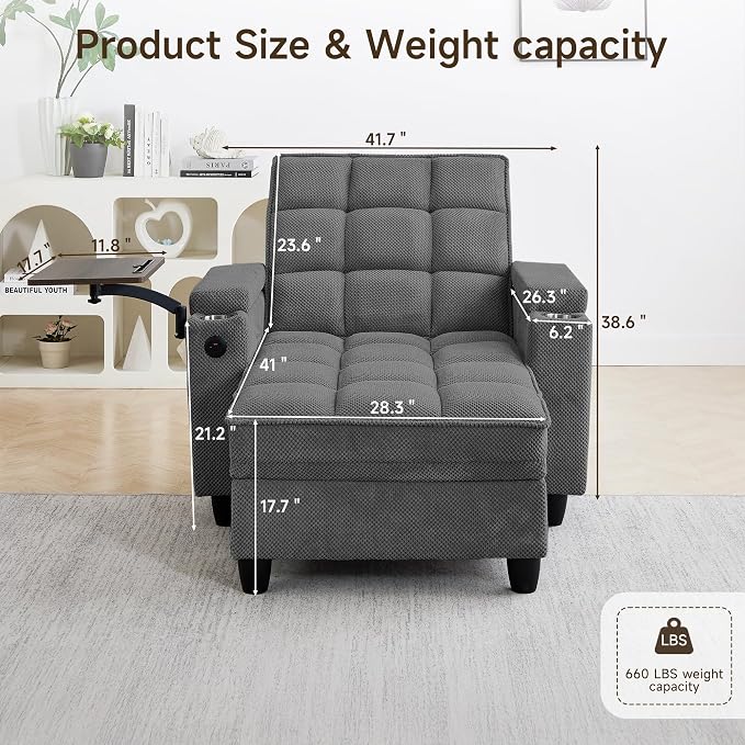 Oversized Recliner Chair with Swivel Tray Table, Modern Tufted Linen Fabric - Image 2