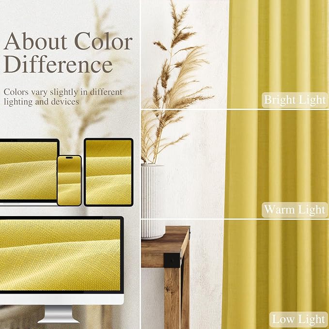 Celery Yellow Linen Curtains 102 Inches Long 2 Panel Set Back Tab Rod Pocket - Image 3