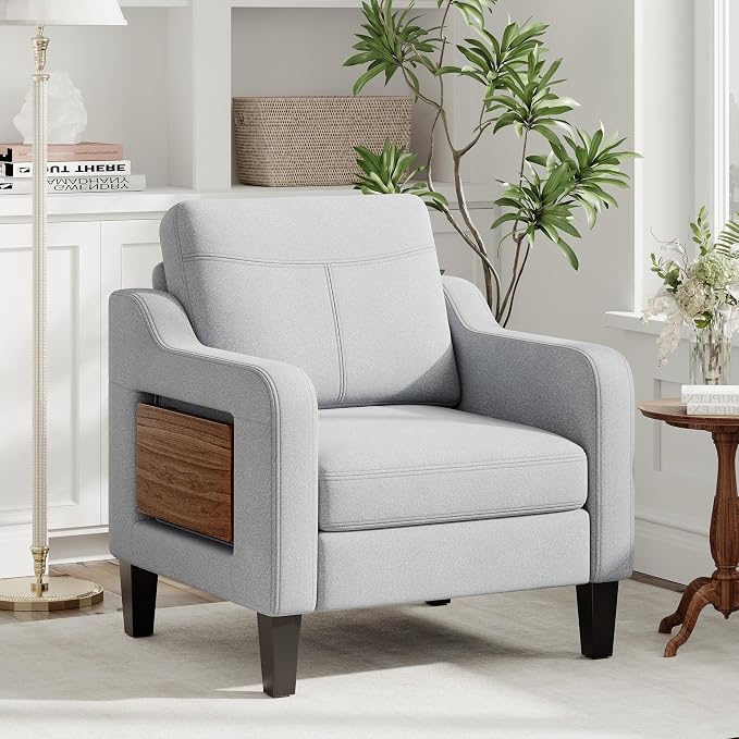 Accent Chair for Living Room Modern Linen Upholstered Armchair Side Wooden - Image 2