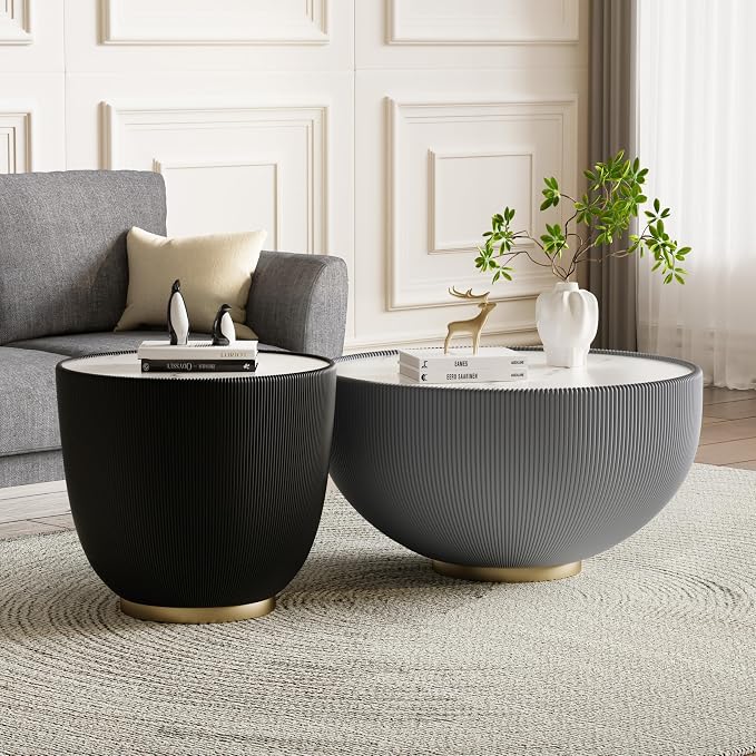 SSLine Bowl-Shape Coffee Table Set of 2 Modern Sintered Stone Top Nesting - Image 3