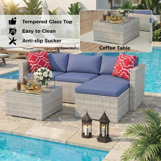 5-Piece Patio Sectional Sofa Set, All-Weather Brown PE Rattan Outdoor - Image 4