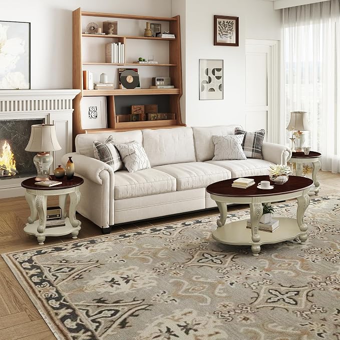 LKTART Oval Coffee Tables Set of 3, Vintage Wood Coffee Table - Image 6