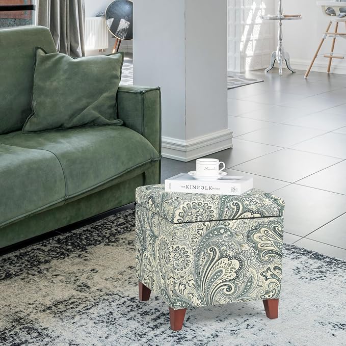Adeco 18" Cube Storage Ottoman in Blue Paisley, Upholstered Linen Foot Stool & - Image 7