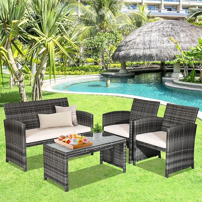 Goplus 4-Piece Rattan Patio Furniture Set, Outdoor Wicker Conversation Sofa - Image 6