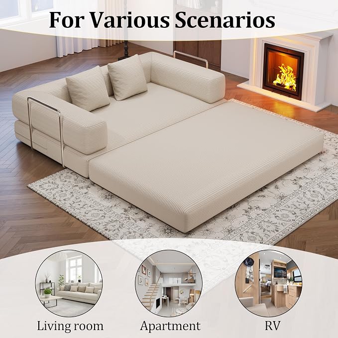 4-in-1 Foldable Sofa Bed Teddy Fabric Foam-Filled Compressed Couch, Beds Queen - Image 5