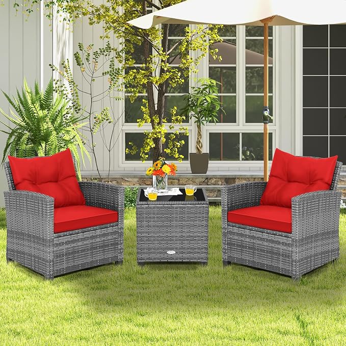 COSTWAY 3PCS Patio Furniture Set, PE Rattan Wicker Sofa w/Washable Cushion and - Image 3