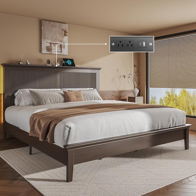 Lifezone King Bed Frame with Headboard, Solid Wood Bed Frame King Size with by Lifezone