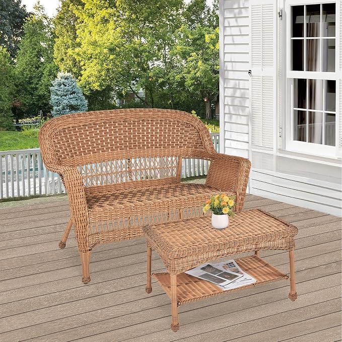 Jeco Wicker Patio Love Seat and Coffee Table Set in Honey Without Cushion - Image 4