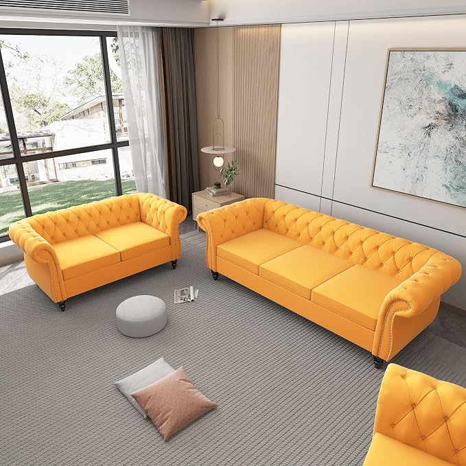 ORRD 2 Piece Living Room Set, Velvet Chesterfield Sofa Loveseat Couch - Image 8