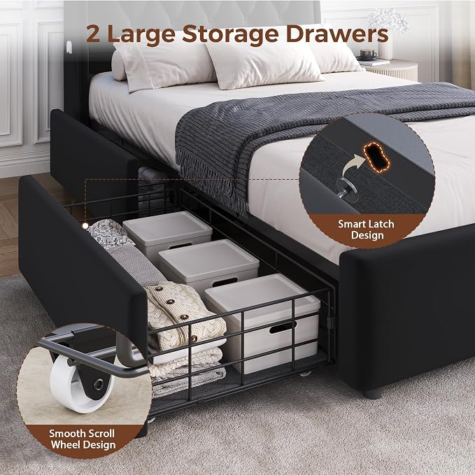 Twin LED Velvet Bed Frame with 2 Storage Drawers&Hidden Headboard, Upholstered - Image 5