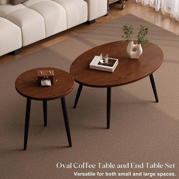 2 Pcs Small Oval Coffee Table, 31.5" Retro Walnut Coffee Tables Nesting Tables - Image 3