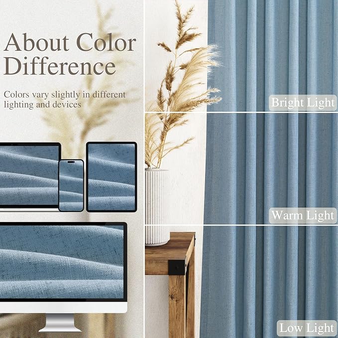Blue Linen Blend Drapes 84 Inch Length 2 Panels Set Back Tab Rod Pocket Light - Image 4