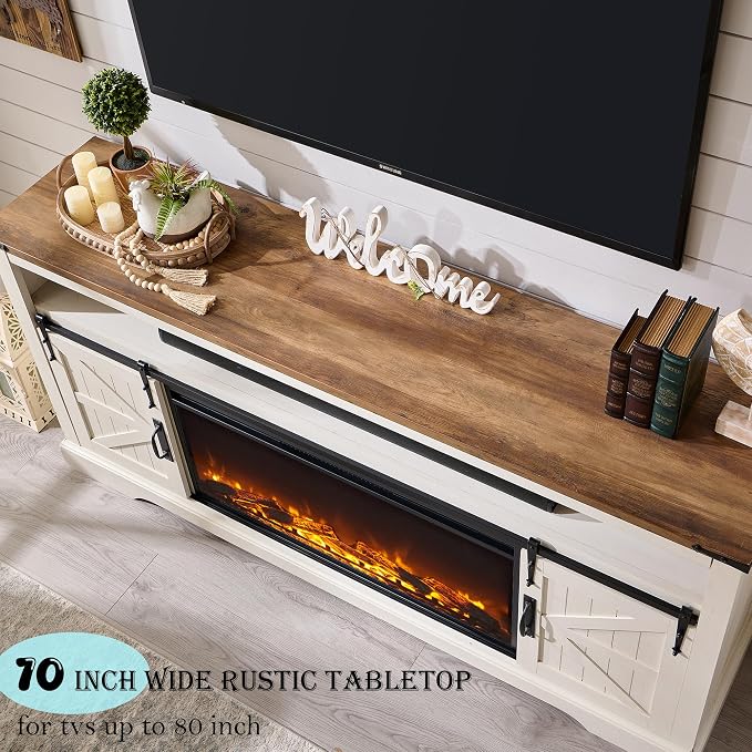 OKD Fireplace TV Stand for 80 Inch TV, Rustic Media Console w/Sliding Barn Door - Image 4
