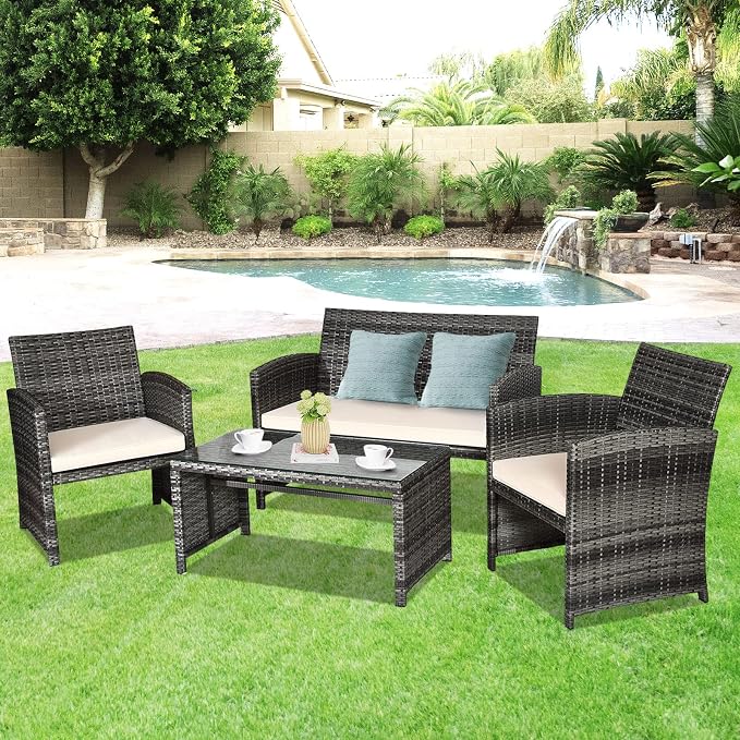 Goplus 4-Piece Rattan Patio Furniture Set, Outdoor Wicker Conversation Sofa - Image 9