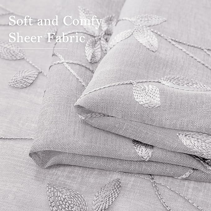 HOMEIDEAS Light Grey Sheer Curtains 52 X 84 Inches Length 2 Panels Embroidered - Image 5