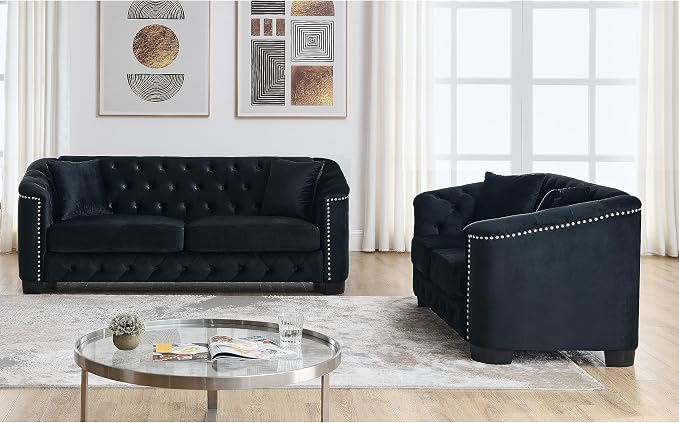 2 Piece Modern Chesterfield Velvet 77" 3-Seater+59" Loveseat Sofa Set, - Image 5