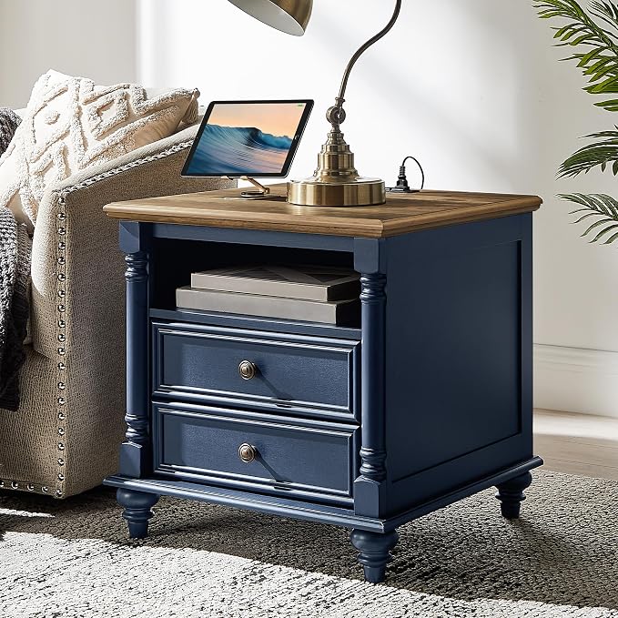 T4TREAM 24'' Farmhouse End Table w/4 Solid Wood Feet, Large 2 Drawers Wide Sofa - Image 6
