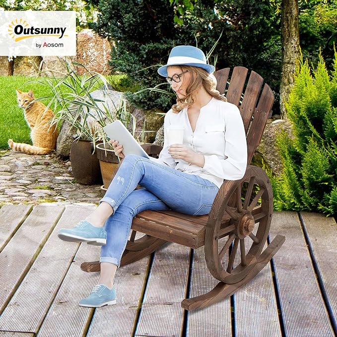 Outsunny Wooden Rocking Chair, Adirondack Rocker Chair w/Slatted Design and - Image 2