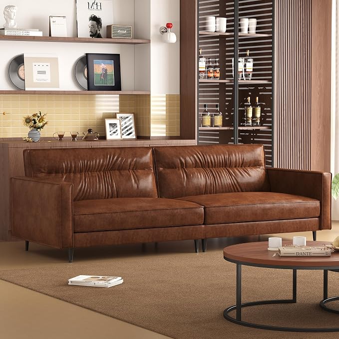 86.61" Mid-Century 3-Seater Brown Leather Sofa, Vintage Modern Couch by Unknown