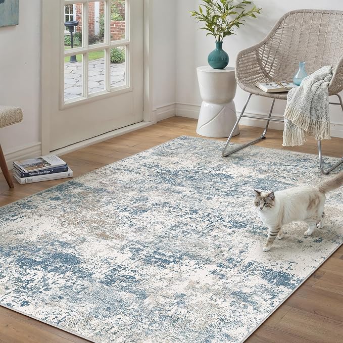 PureCozy Blue 4x6 Area Rug Washable Abstract Office Carpet Modern Neutral Non by PureCozy