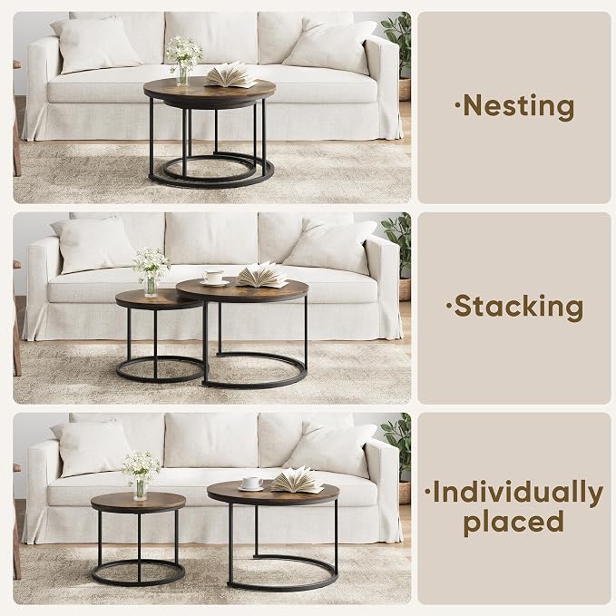 Smuxee Rustic Nesting Coffee Table Set of 2, 27.6" Round Coffee Table Wooden - Image 5